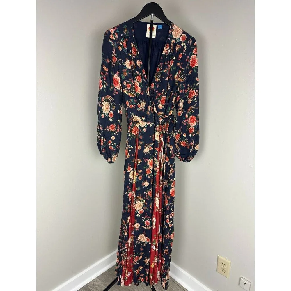 Farm Rio Wrap Gracia Dress Navy Floral Maxi 1X $275 - Picture 3 of 10